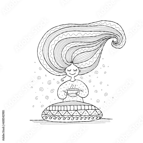 Pretty girl with coffee mug. Morning time concept. Cozy illustration for your...