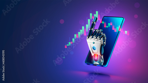Robot trader. AI for automation trading on stock market. Hand robot point at candlestick graph on screen phone. Artificial intelligence trader. Artificial Neural network in App for Online trading.