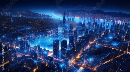 A bustling city skyline illuminated at night from an aerial perspective. Generative ai