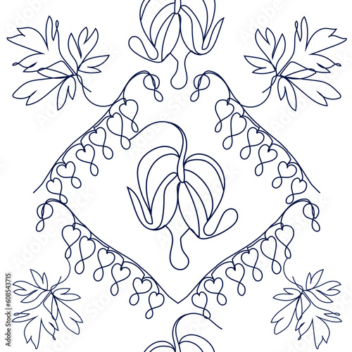 Single one line drawing beauty lamprocapnos spectabilis for coloring book. Decorative bleeding heart flower.