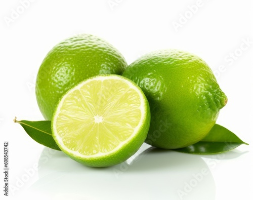 Fresh limes isolated on white background. Fresh raw organic fruit. Generative AI.
