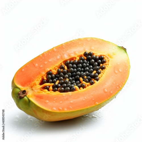 Fresh sliced papaya isolated on white background. Fresh raw organic fruit. Generative AI.