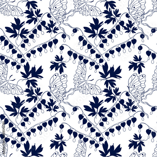 Seamless floral pattern background flowers ornament wallpaper textile Illustration "bleeding heart" dicentra