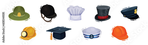 Different Professions Hat and Headdress as Uniform Accessory Vector Set photo