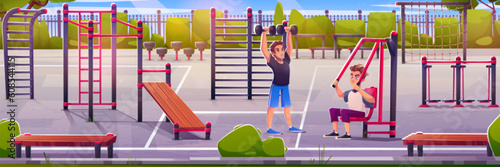 Man in outdoor gym park and street sport equipment vector background. Male character together workout and outside training on public stadium zone. Horizontal cartoon illustration with playground