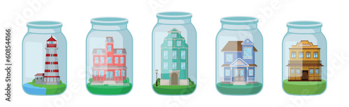 Decorative House and Mansion Rested in Glass Jar as Souvenir Vector Set