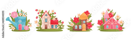 Little Fairy House Among Blooming Garden Flower Vector Set