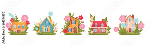 Little Fairy House Among Blooming Garden Flower Vector Set