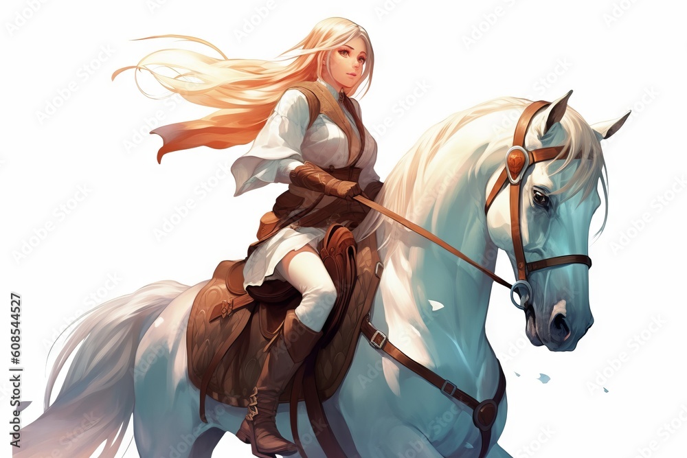 白馬に乗った精悍で美しい女性：AI作品
