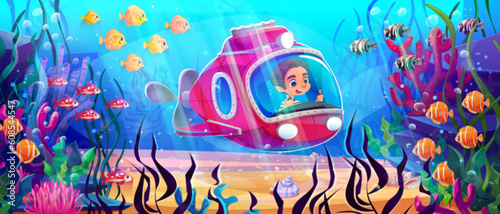 Kids submarine cartoon vector underwater illustration. Kid nautical adventure in sub marine vehicle with propeller and windows discover seafloor background. Under water transport with happy child.
