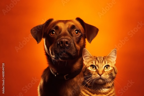 Brown cat and dog together looking at the camera. Generative AI