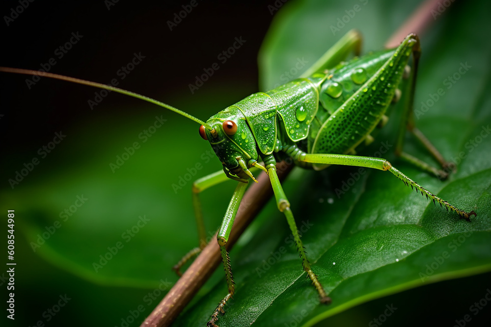 Fototapeta premium A grasshopper sits on a leaf with the word grass on it. Generative AI