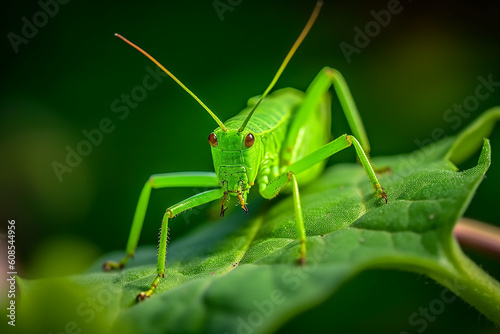 A grasshopper sits on a leaf with the word grass on it. Generative AI photo