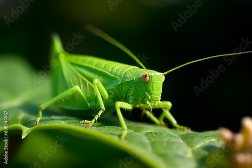 A grasshopper sits on a leaf with the word grass on it. Generative AI © NishanPrabodhana