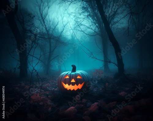 A halloween pumpkin sits in a dark forest with a glowing orange face. Generative AI photo