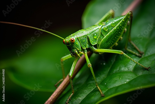 A grasshopper sits on a leaf with the word grass on it. Generative AI