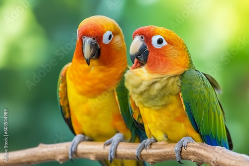 Two parrots on a branch with green background. Generative AI 
