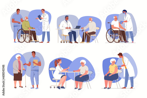 Tableau sur toile Set of illustrations of reception of elderly by geriatric doctor, internist