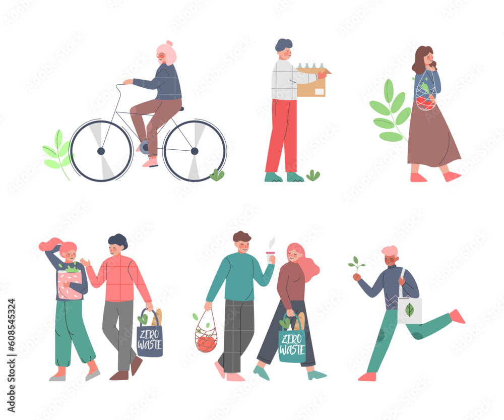 Eco Friendly Lifestyle with People Characters Protecting Environment Vector Set