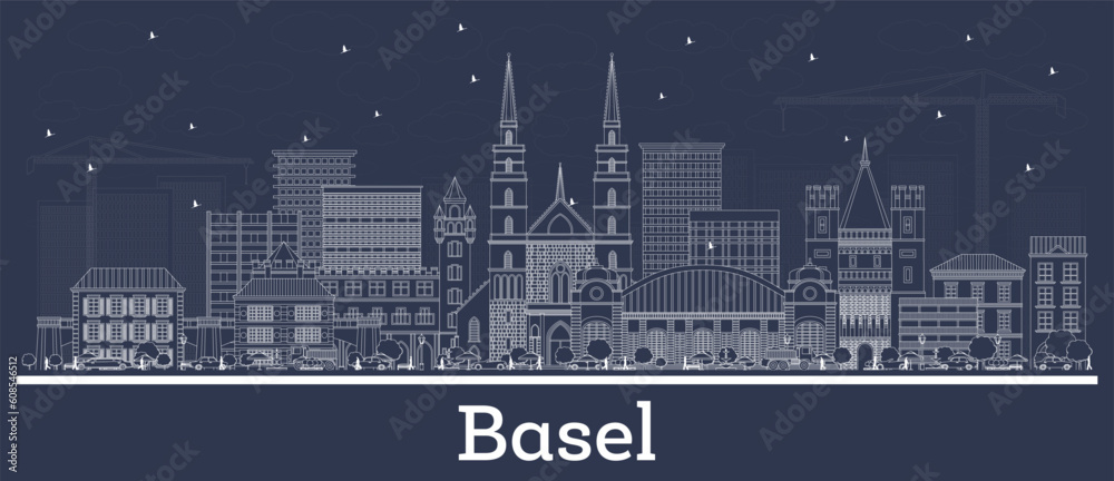 Outline Basel Switzerland City Skyline with White Buildings.