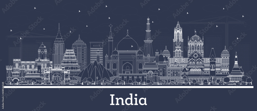 Outline India City Skyline with White Buildings. Delhi. Mumbai, Bangalore, Chennai.