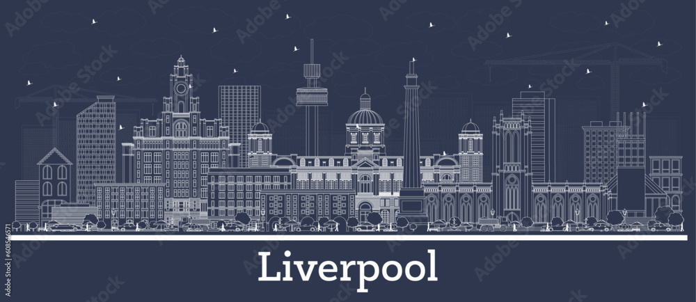 Outline Liverpool City Skyline with White Buildings.