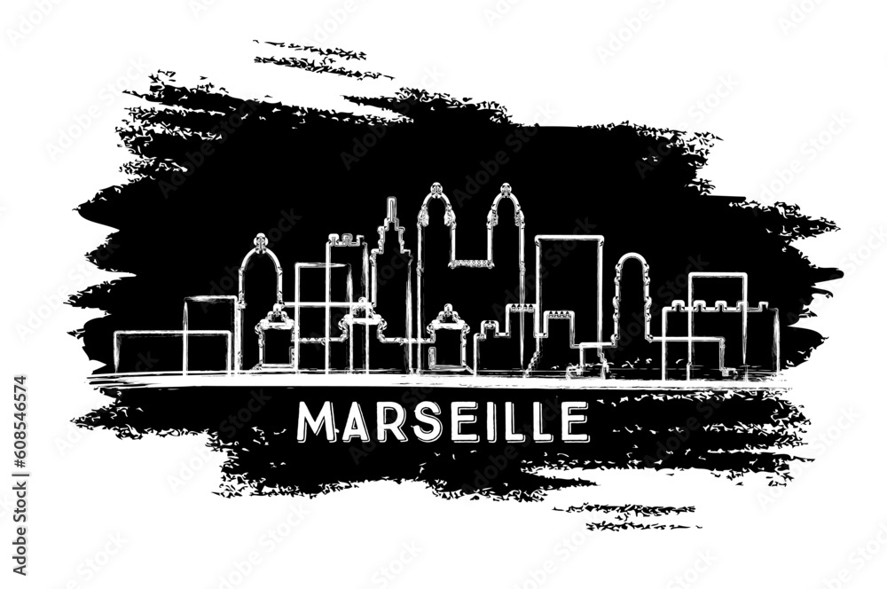 Marseille France City Skyline Silhouette. Hand Drawn Sketch. Business Travel and Tourism Concept with Modern Architecture.