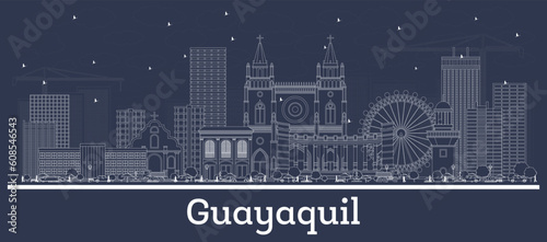 Outline Guayaquil Ecuador City Skyline with White Buildings.