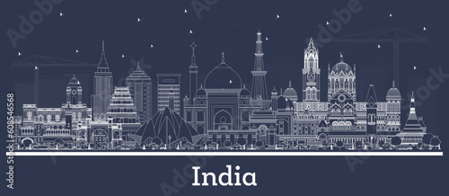 Outline India City Skyline with White Buildings. Delhi. Mumbai, Bangalore, Chennai.