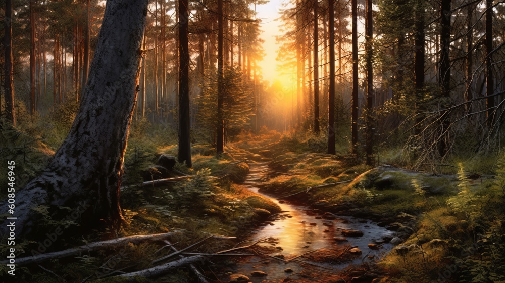 A sunset in a forest painting. Generative ai