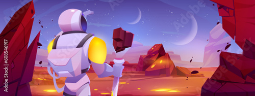 Cartoon astronaut standing on alien planet. Vector cartoon illustration of space explorer character looking at cosmic landscape with rocky stones, neon yellow magma glowing underground, stars in sky
