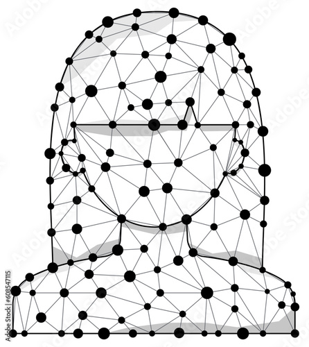Wireframe polygon human face - digital woman head with line and dots vector icon. Black geometric concept. Low poly biometric silhouette design vector illustration.