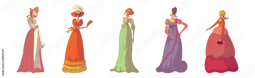 Madam Woman in Standing Pose Wearing Old-fashioned Dress or Ball Gown Vector Set