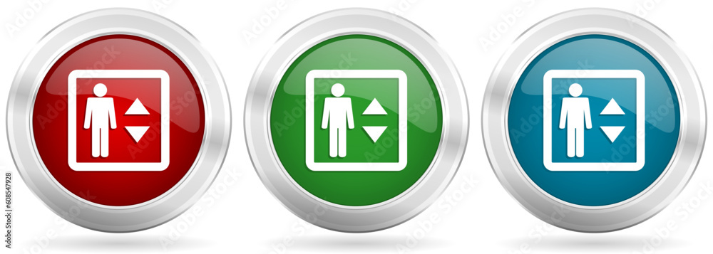 Elevator, lift vector icon set. Red, blue and green silver metallic web buttons with chrome border Elevator, lift vector icon set. Red, blue and green silver metallic web buttons with chrome border