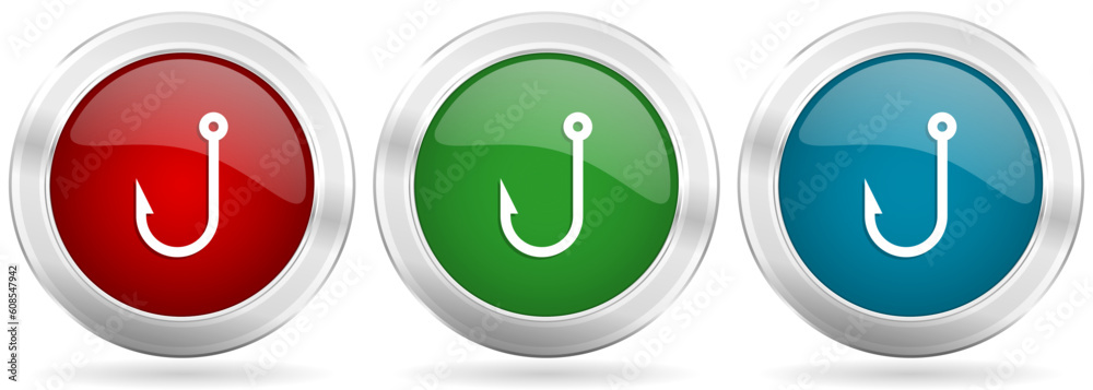 Fishing hook vector icon set. Red, blue and green silver metallic web buttons with chrome border Fishing hook vector icon set. Red, blue and green silver metallic web buttons with chrome border