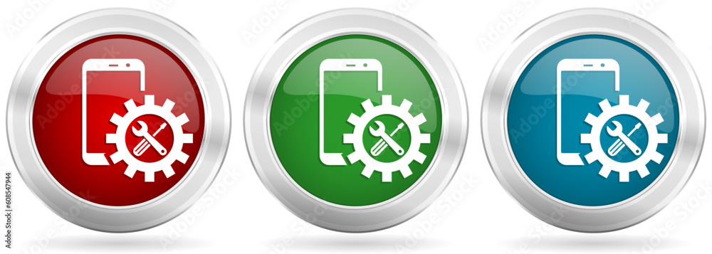 Mobile phone, smartphone service vector icon set. Red, blue and green silver metallic web buttons with chrome border Mobile phone, smartphone service vector icon set. Red, blue and green silver metallic web buttons with chrome border