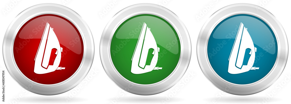 Iron vector icon set. Red, blue and green silver metallic web buttons with chrome border Iron vector icon set. Red, blue and green silver metallic web buttons with chrome border