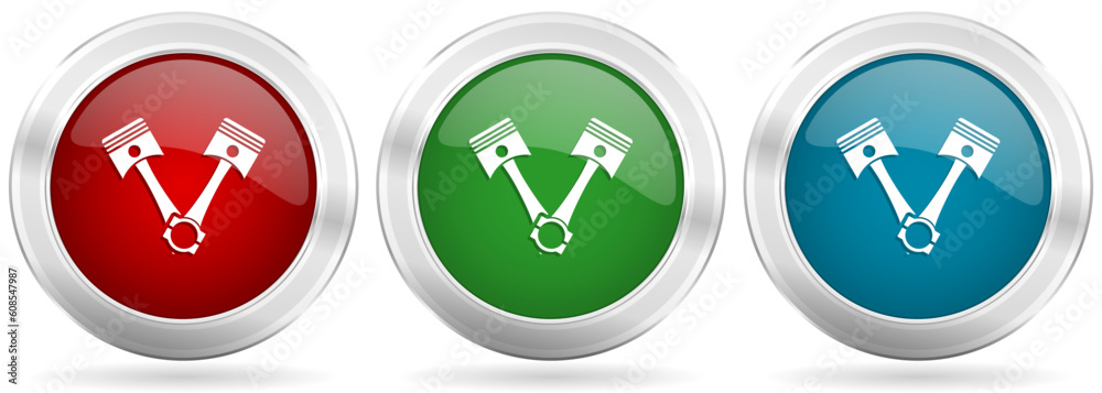 Pistons vector icon set. Red, blue and green silver metallic web buttons with chrome border Pistons vector icon set. Red, blue and green silver metallic web buttons with chrome border