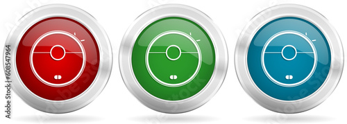 Robot vacuum cleaner vector icon set. Red, blue and green silver metallic web buttons with chrome border