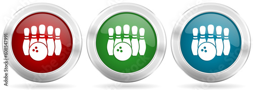 Bowling vector icon set. Red, blue and green silver metallic web buttons with chrome border