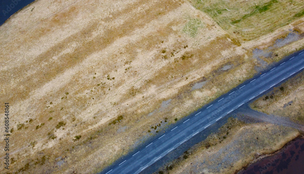 Aerial view of the beautiful northern road, the landscape of Iceland. Photography for tourism background, design and advertising