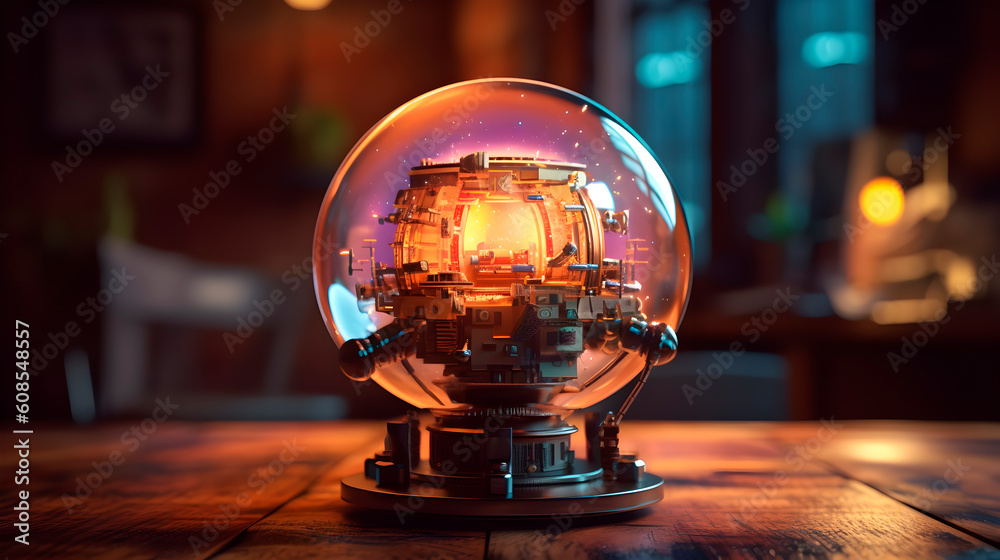 Magic glowing ball of steampunk style standing on a table in a dark atmosphere Magic glowing ball of steampunk style standing on a table in a dark atmosphere