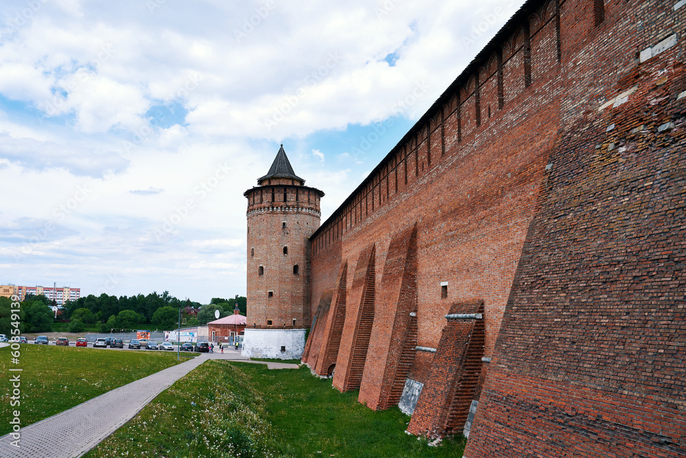 View of the Kolomna Kremlin with a tower and a fortress wall