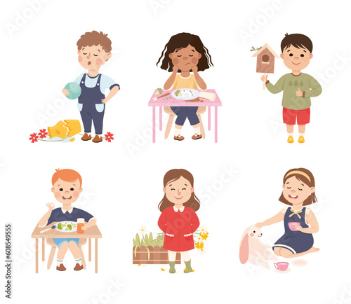 Little Boy and Girl with Different Type of Behavior Vector Set