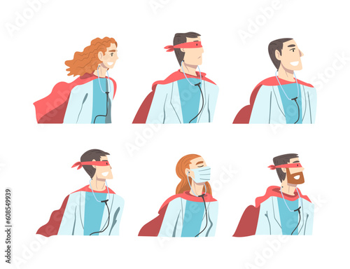 Doctor Hero with Male and Female Medical Staff in Uniform and Superhero Cloak Vector Set