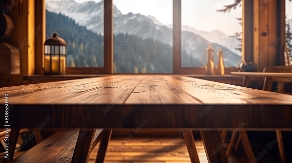 A rustic wooden table illuminated by natural light from a nearby window. Generative ai A rustic wooden table illuminated by natural light from a nearby window. Generative ai