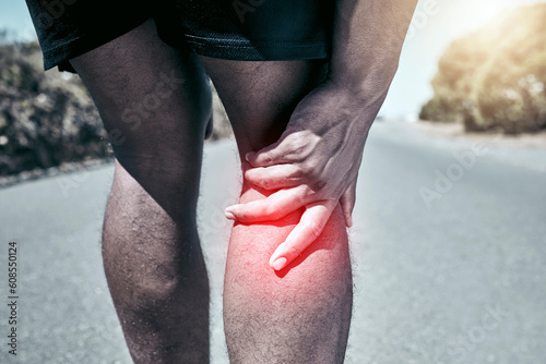Athlete, pain and joint with closeup in the outdoor with exercise for sports injury from a workout.Training, road and knee injury with accident for fitness and medical emergency with leg for health.
