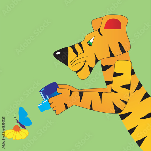Funny character tiger with photocamera