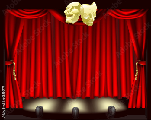 Theatre stage with curtains, footlights, and comedy and tragedy masks