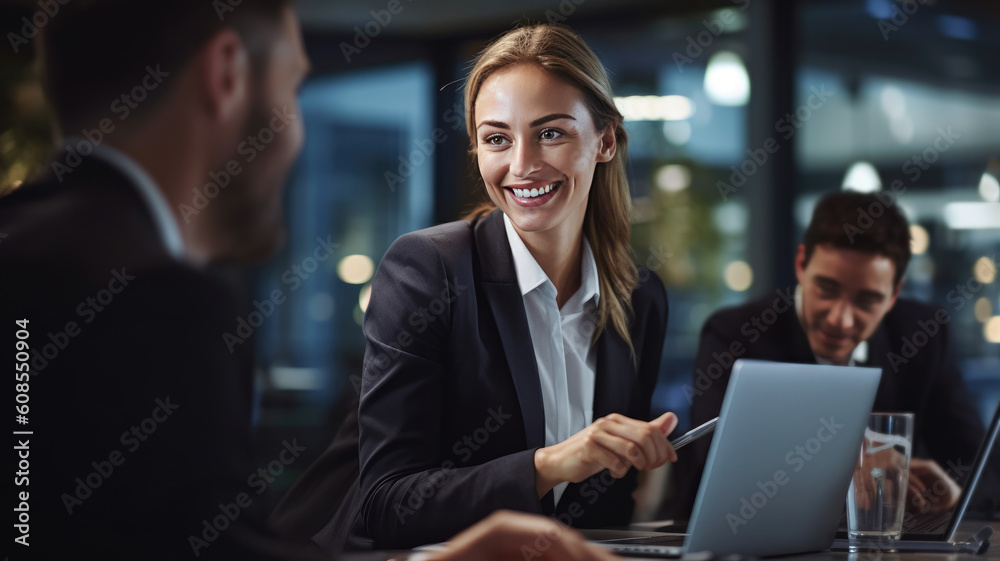 Generative AI Young caucasian business lady economist with a laptop working the office. Generative AI Young caucasian business lady economist with a laptop working the office.